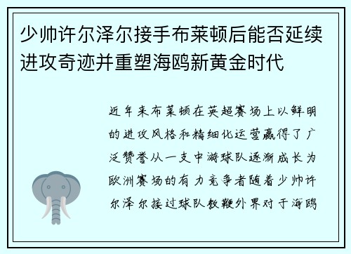 少帅许尔泽尔接手布莱顿后能否延续进攻奇迹并重塑海鸥新黄金时代 少帅许尔泽尔接手布莱顿后能否延续进攻奇迹并重塑海鸥新黄金时代